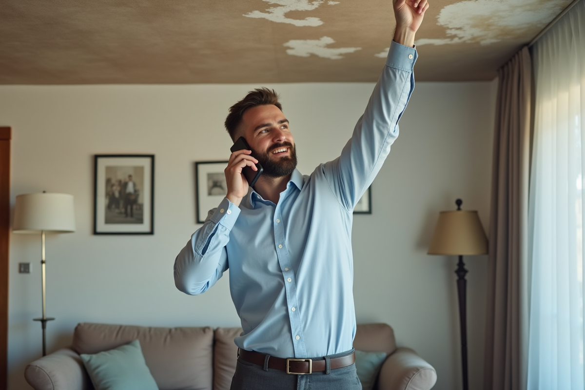 Jeune homme au téléphone montrant une tache d