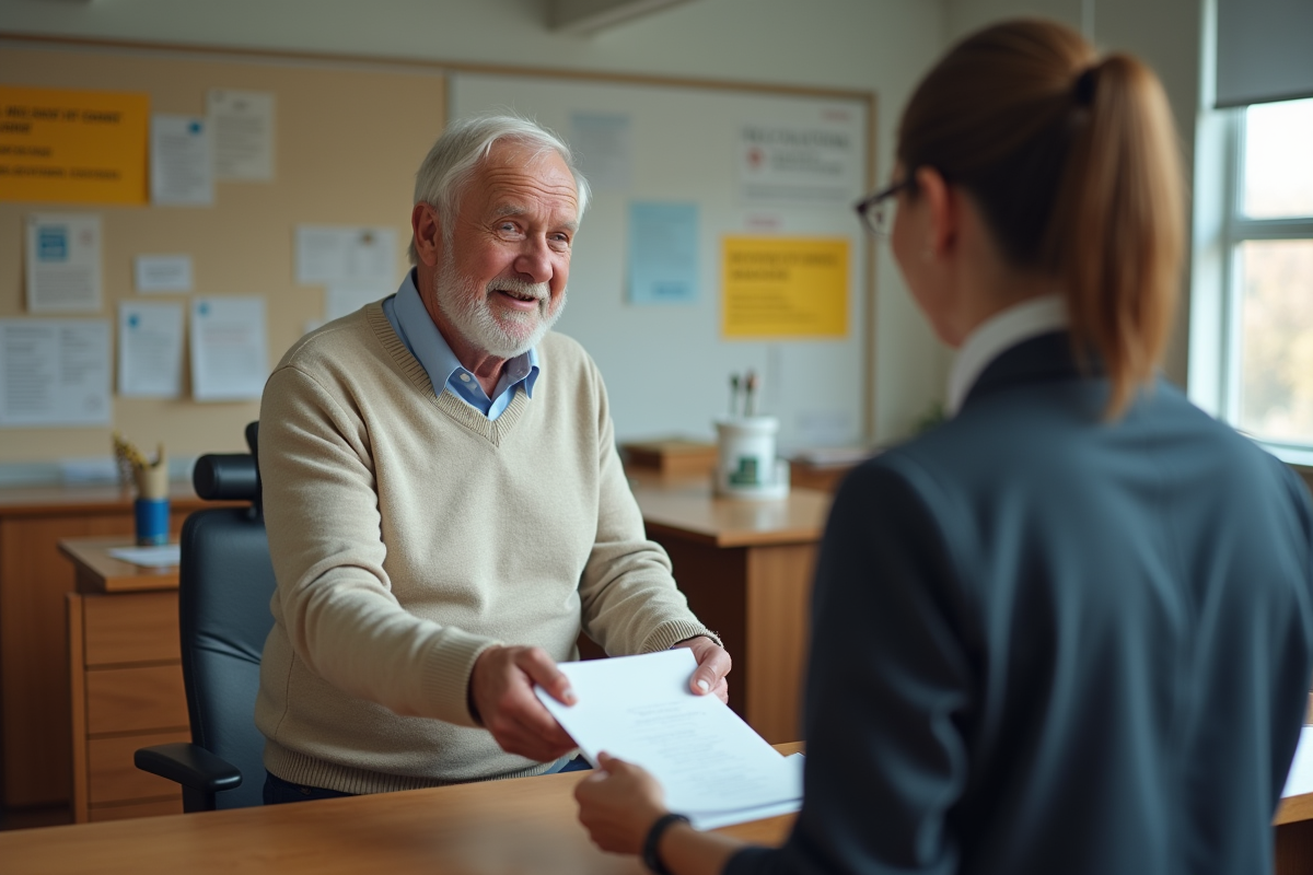 Homme âgé remettant des papiers à un agent municipal