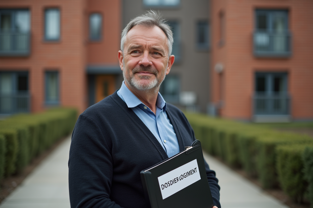 Homme devant immeuble social avec dossier logement