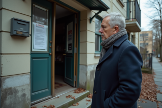 Homme d'âge moyen lisant un avis d'expulsion sur la porte