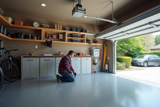 Homme en jeans installe des étagères dans un garage organisé
