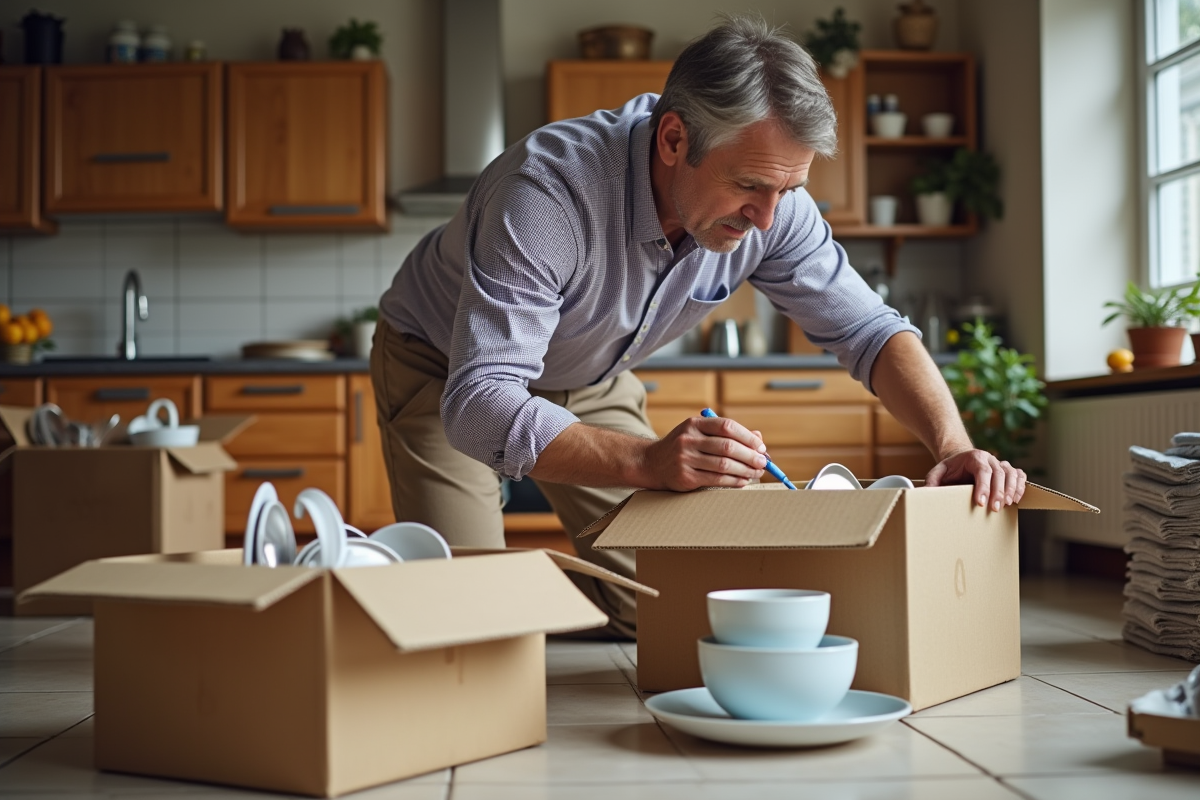 Homme étiquetant une caisse dans une cuisine organisée
