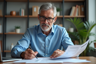 Homme d'âge moyen lisant des documents financiers dans un bureau