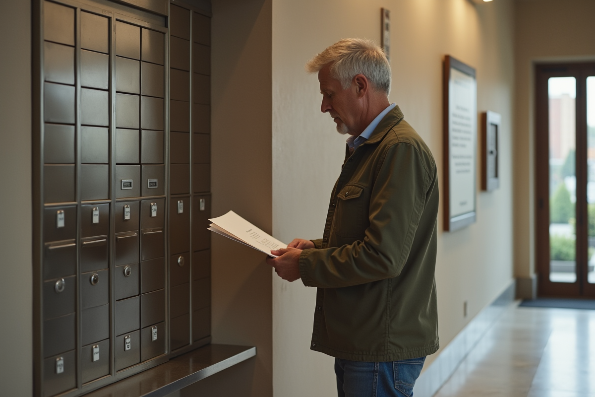 Homme vérifie un contrat dans un hall résidentiel