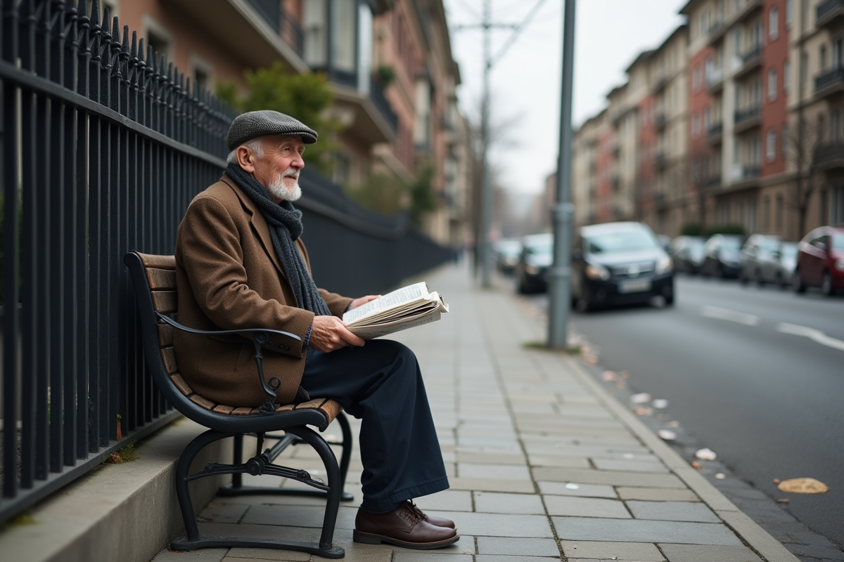Homme âgé assis sur un banc dans un quartier urbain