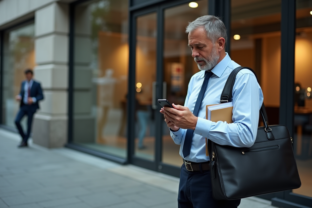 Homme d affaires vérifiant son smartphone devant une banque urbaine