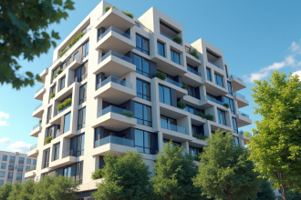 Immeuble moderne avec panneaux vente et prix réduit ensoleillé