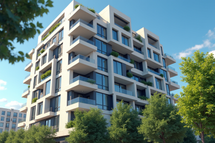 Immeuble moderne avec panneaux vente et prix réduit ensoleillé