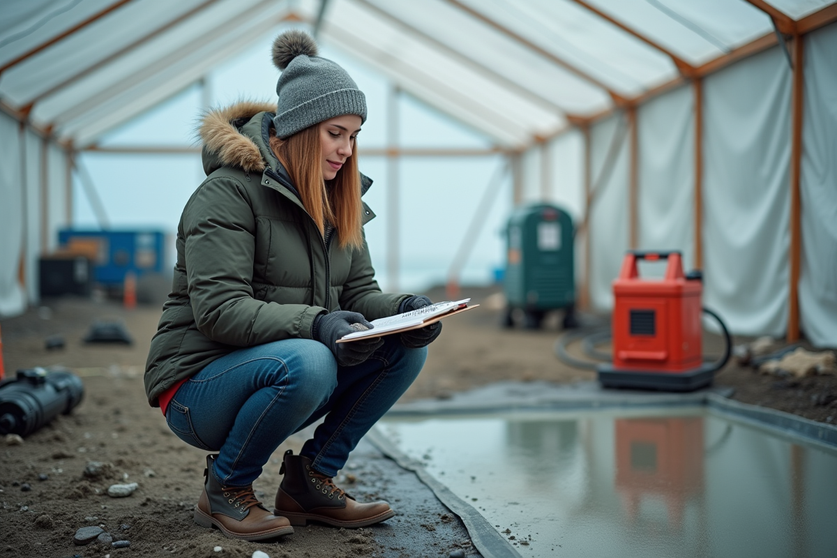 Jeune ingénieure contrôlant le béton dans une tente chauffée