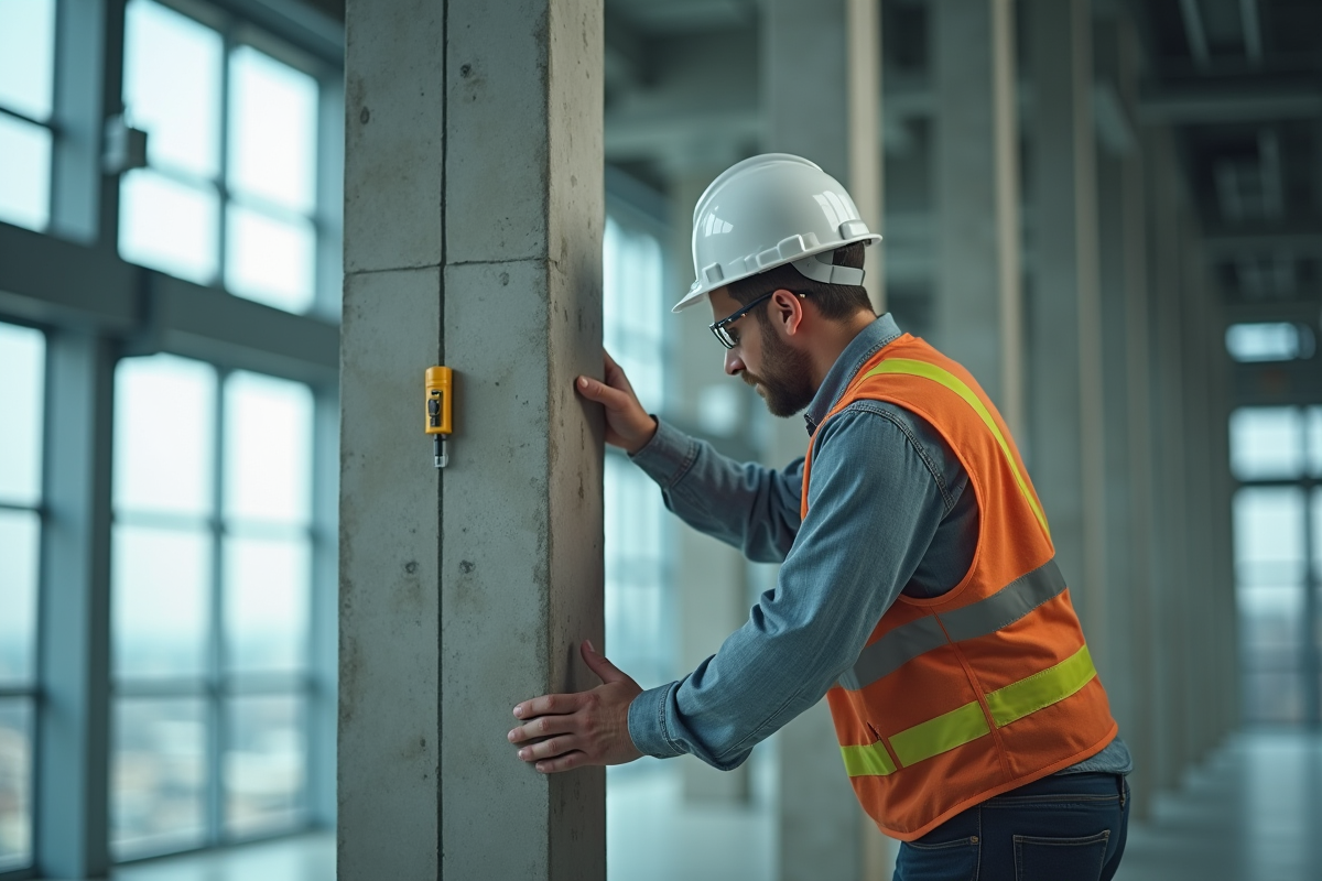 Ingénieur inspectant un pilier en béton dans un bâtiment moderne