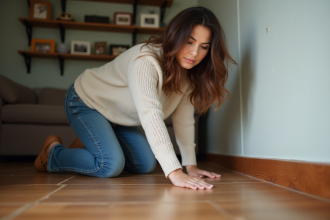Femme hispanique inspectant un sol en bois usé