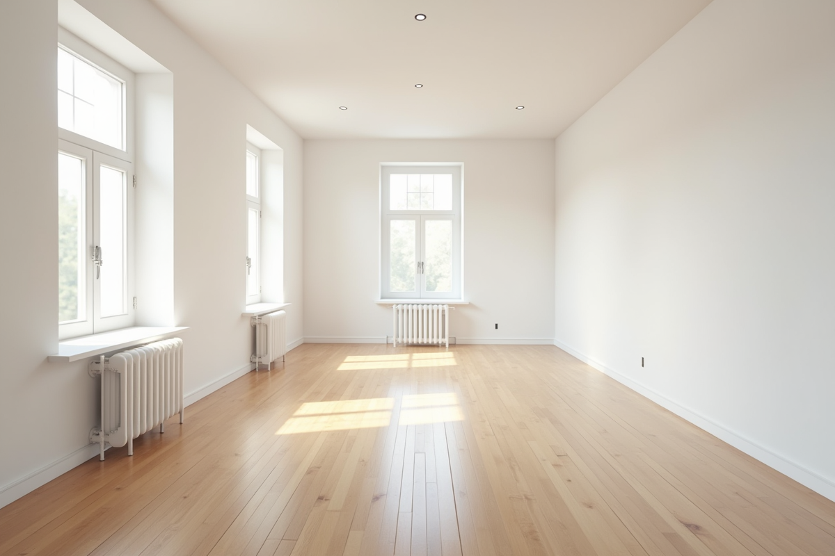 Intérieur d appartement propre avec murs blancs et plancher en bois clair