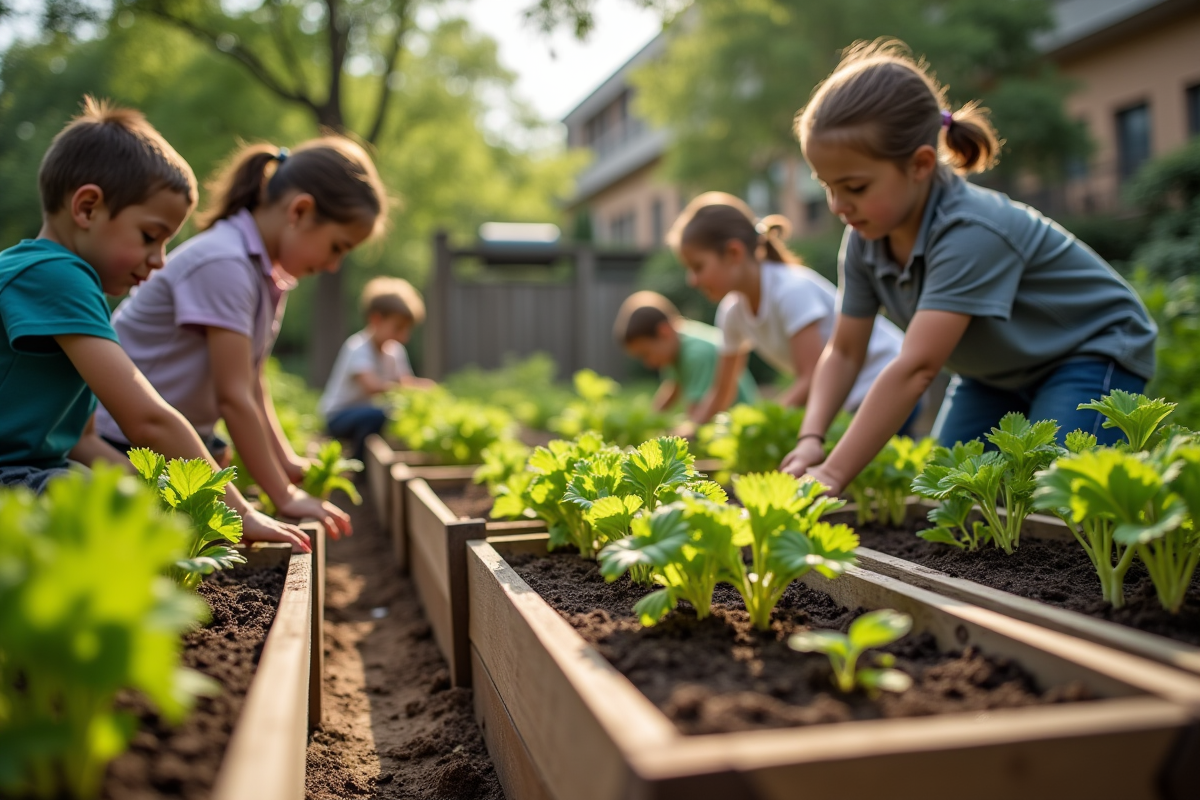 Enfants et adultes plantant legumes dans jardin communautaire