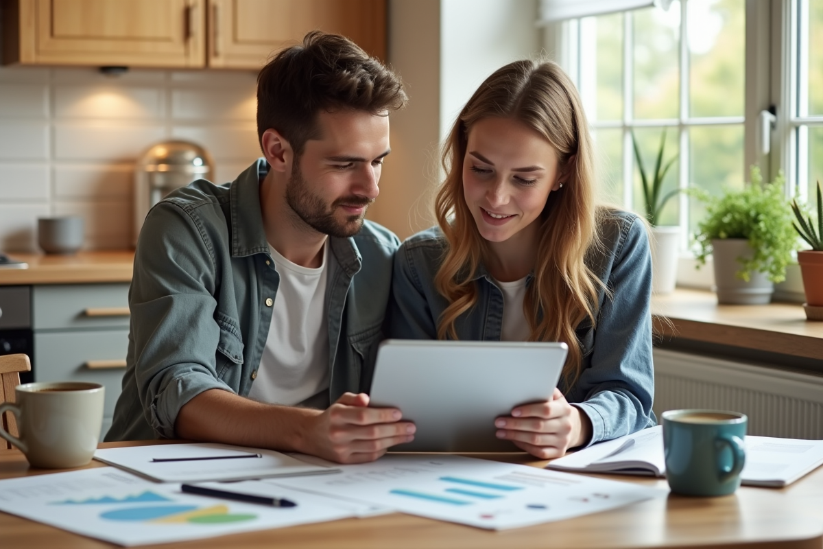 Jeune couple analysant données immobilières dans une cuisine lumineuse