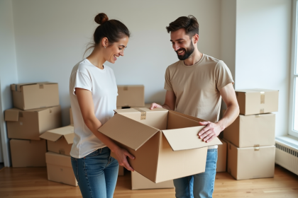 Jeune couple emballant des cartons dans un appartement moderne