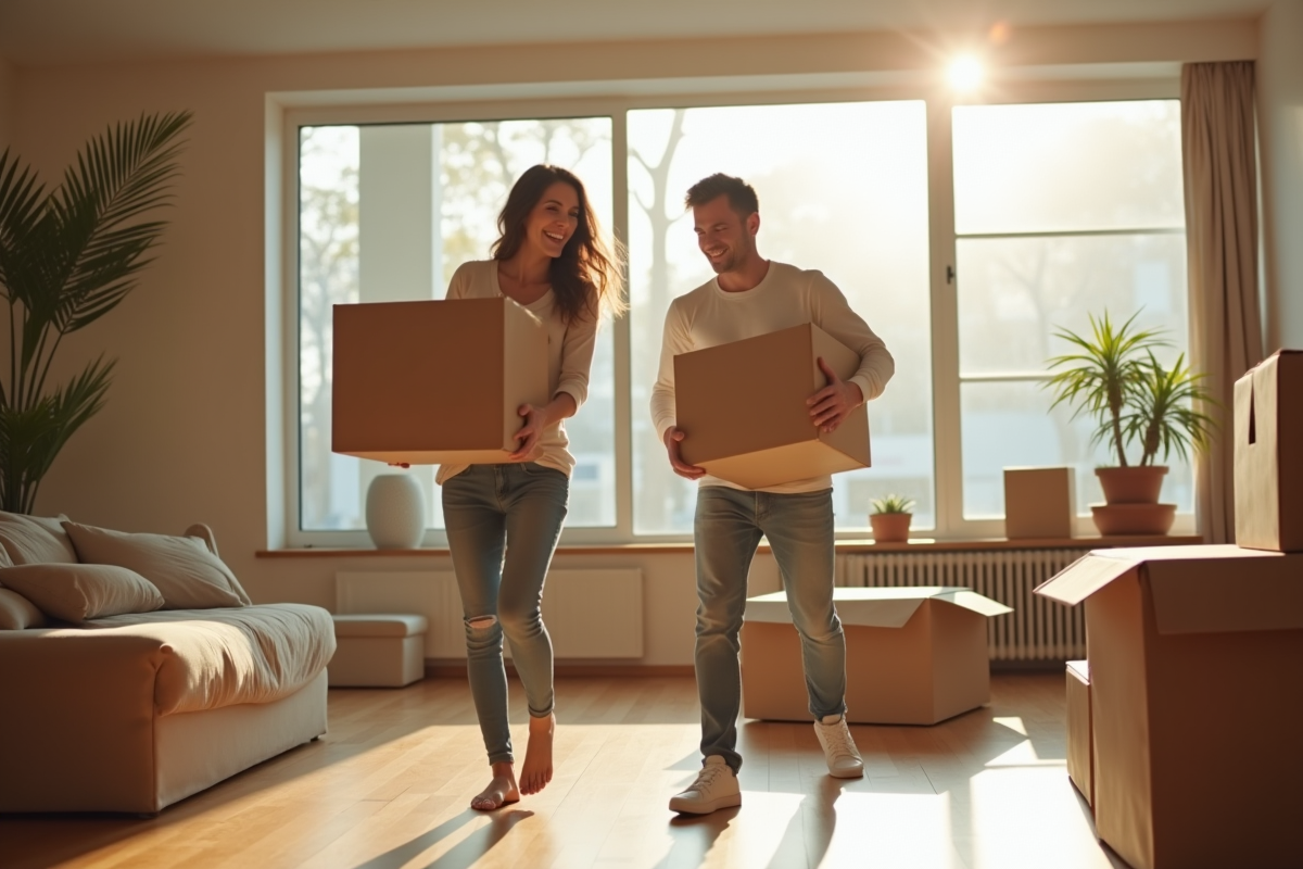 Jeune couple heureux déménageant dans un appartement lumineux