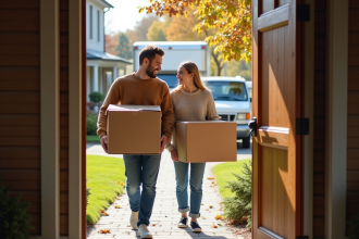 Jeune couple heureux déchargeant des cartons devant une maison