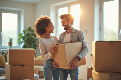 Jeune couple souriant emballant des cartons dans un salon lumineux