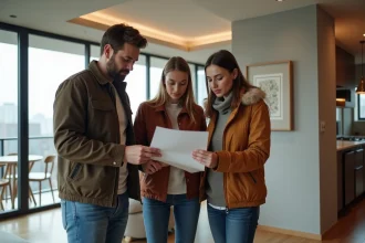Jeune couple et agent immobilier dans un appartement