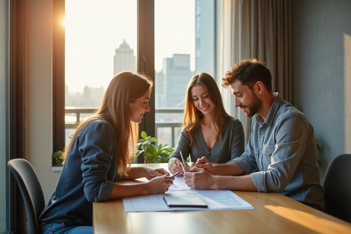 Jeune couple professionnel examinant des documents immobiliers dans un studio lumineux