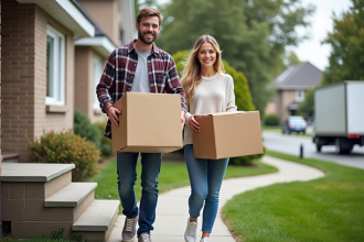 Jeune couple souriant portant des cartons devant une maison