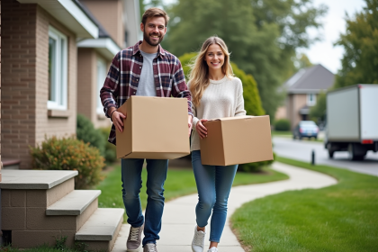 Jeune couple souriant portant des cartons devant une maison