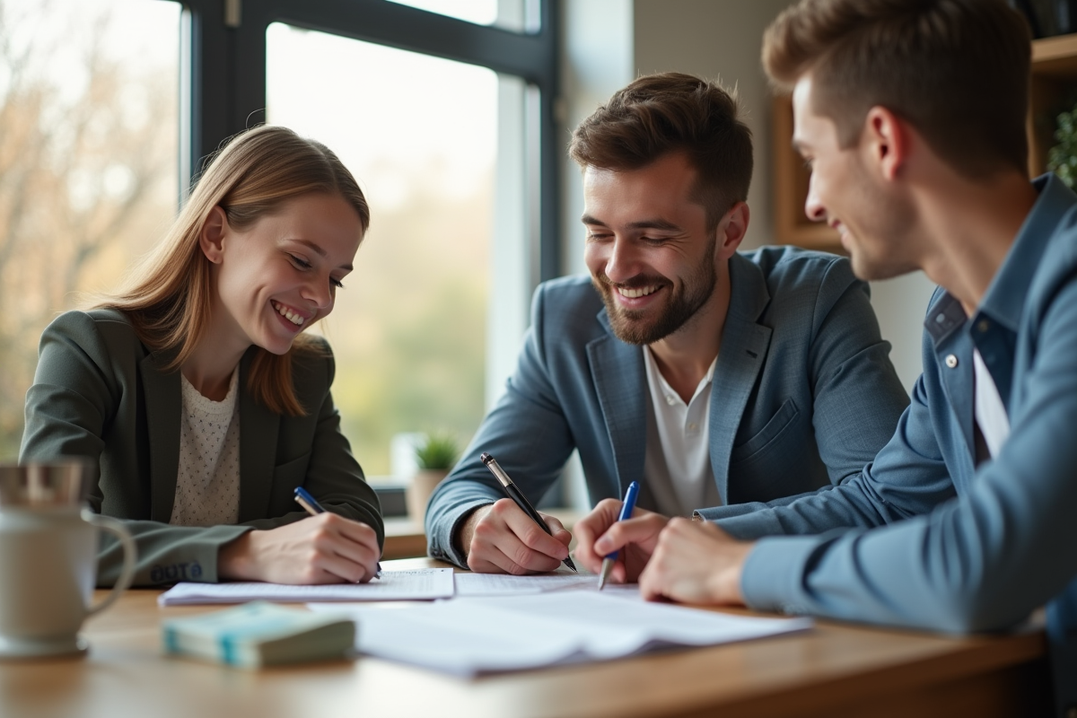 Jeune couple signant des documents immobiliers dans une cuisine lumineuse