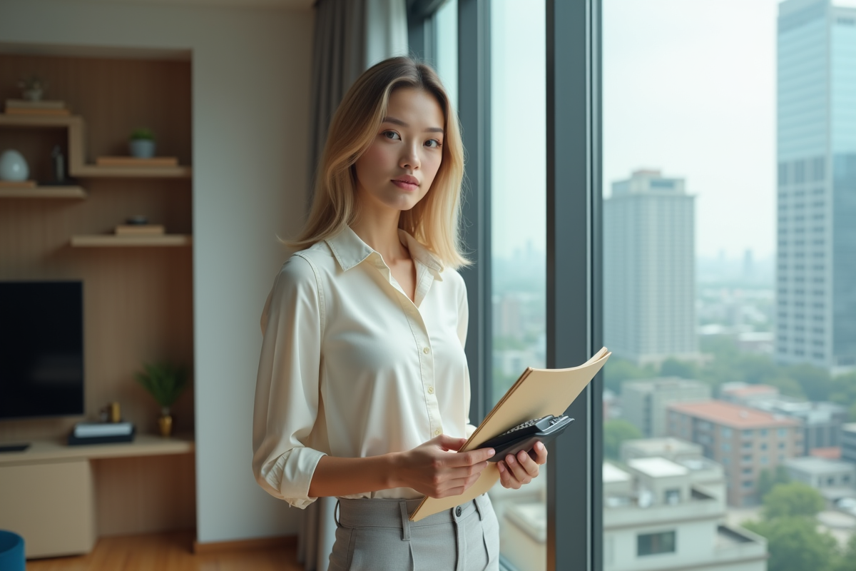 Jeune femme dans un appartement moderne tient un contrat de location