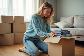 Jeune femme emballant des vêtements dans une boîte de déménagement