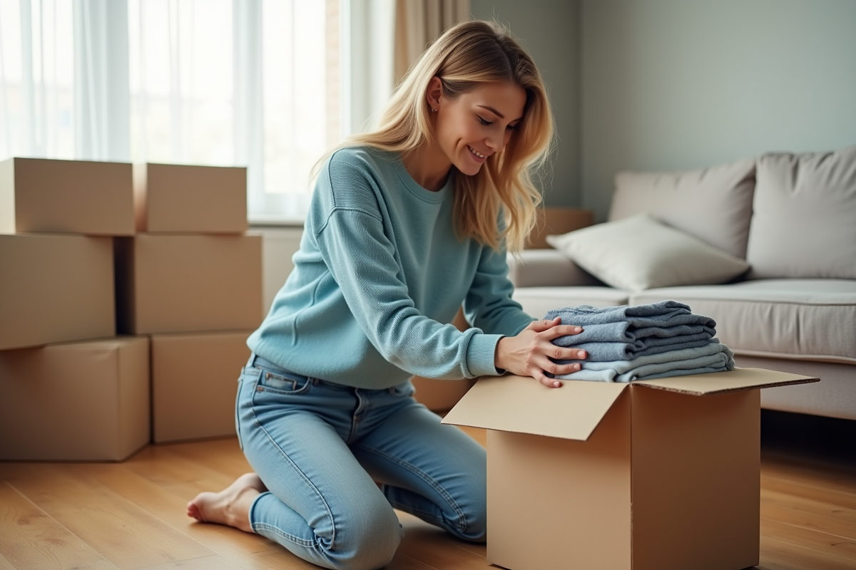 Jeune femme emballant des vêtements dans une boîte de déménagement