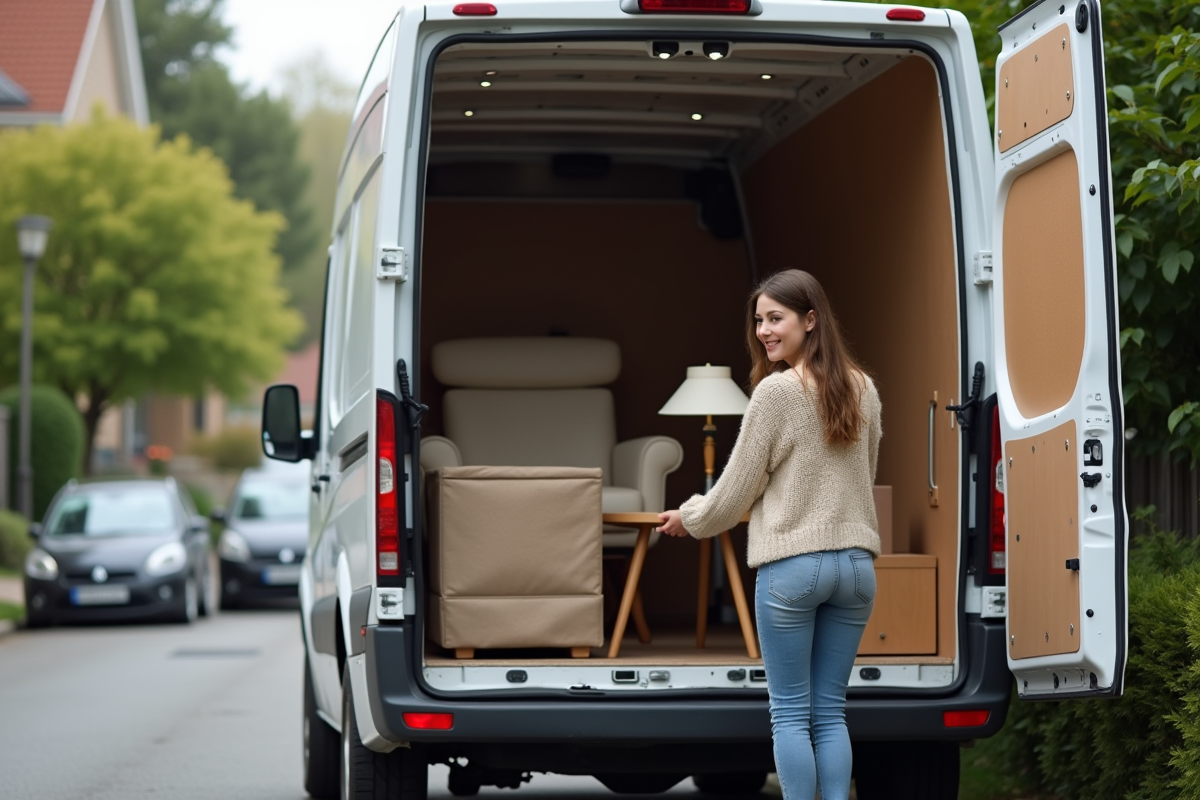 Femme arrangeant des meubles dans une camionnette de déménagement