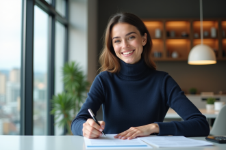 Jeune femme signant des documents dans une agence immobiliere