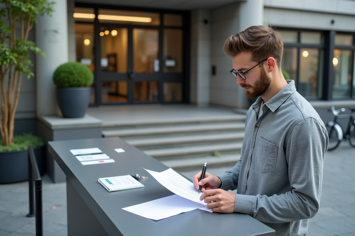 Jeune homme remplissant un formulaire devant une mairie moderne