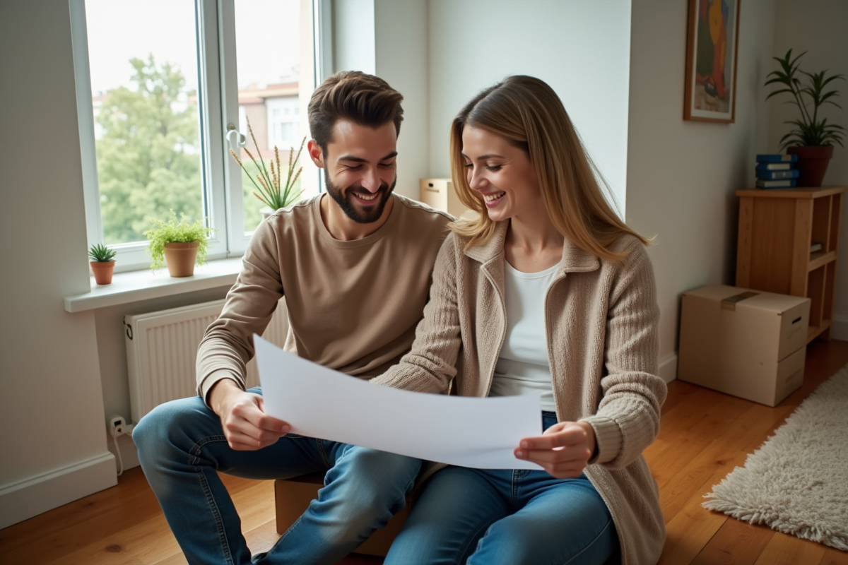 Jeune homme et sa mère regardant un plan dans un appartement