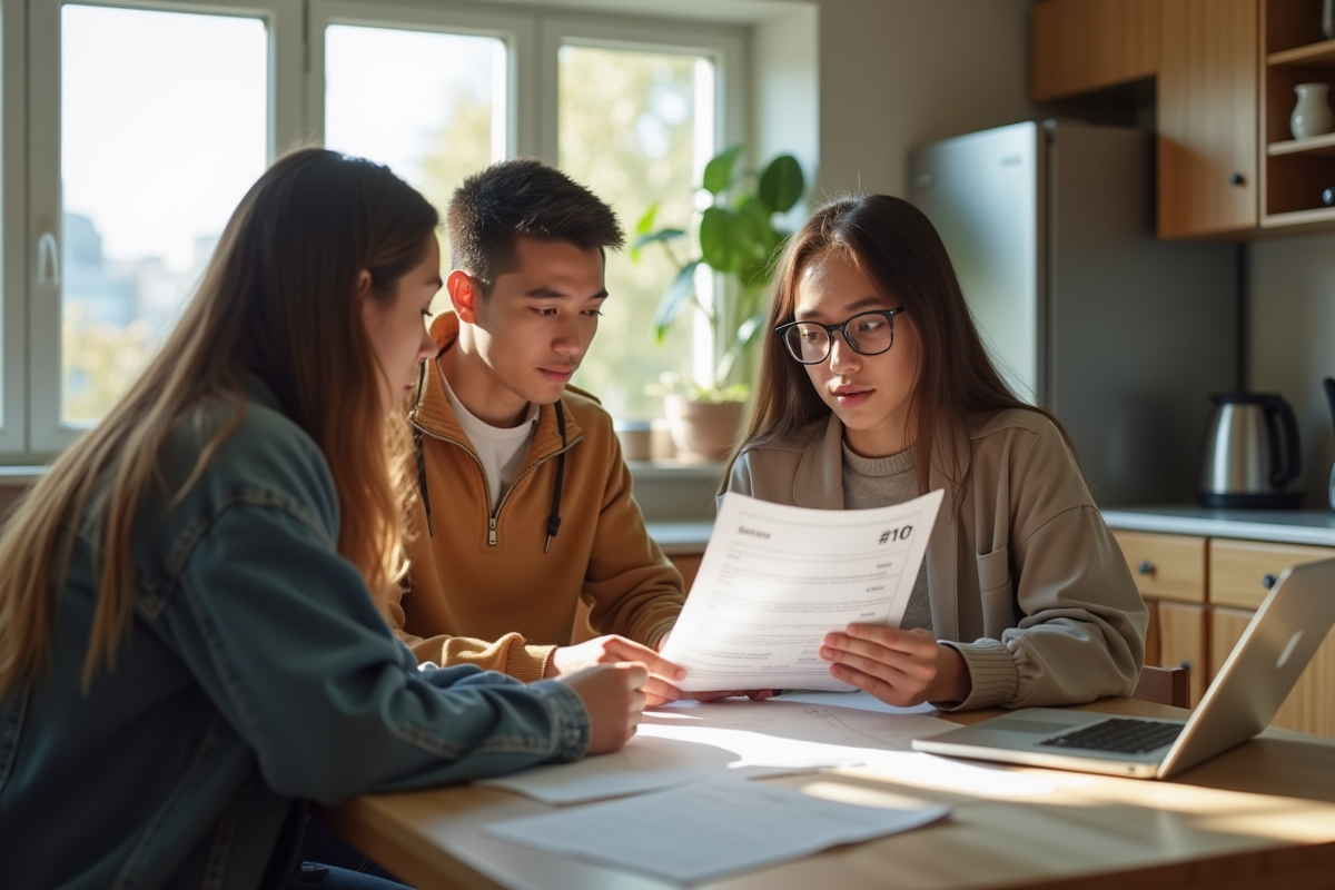 Trois jeunes adultes discutent d'une facture d'électricité à la maison