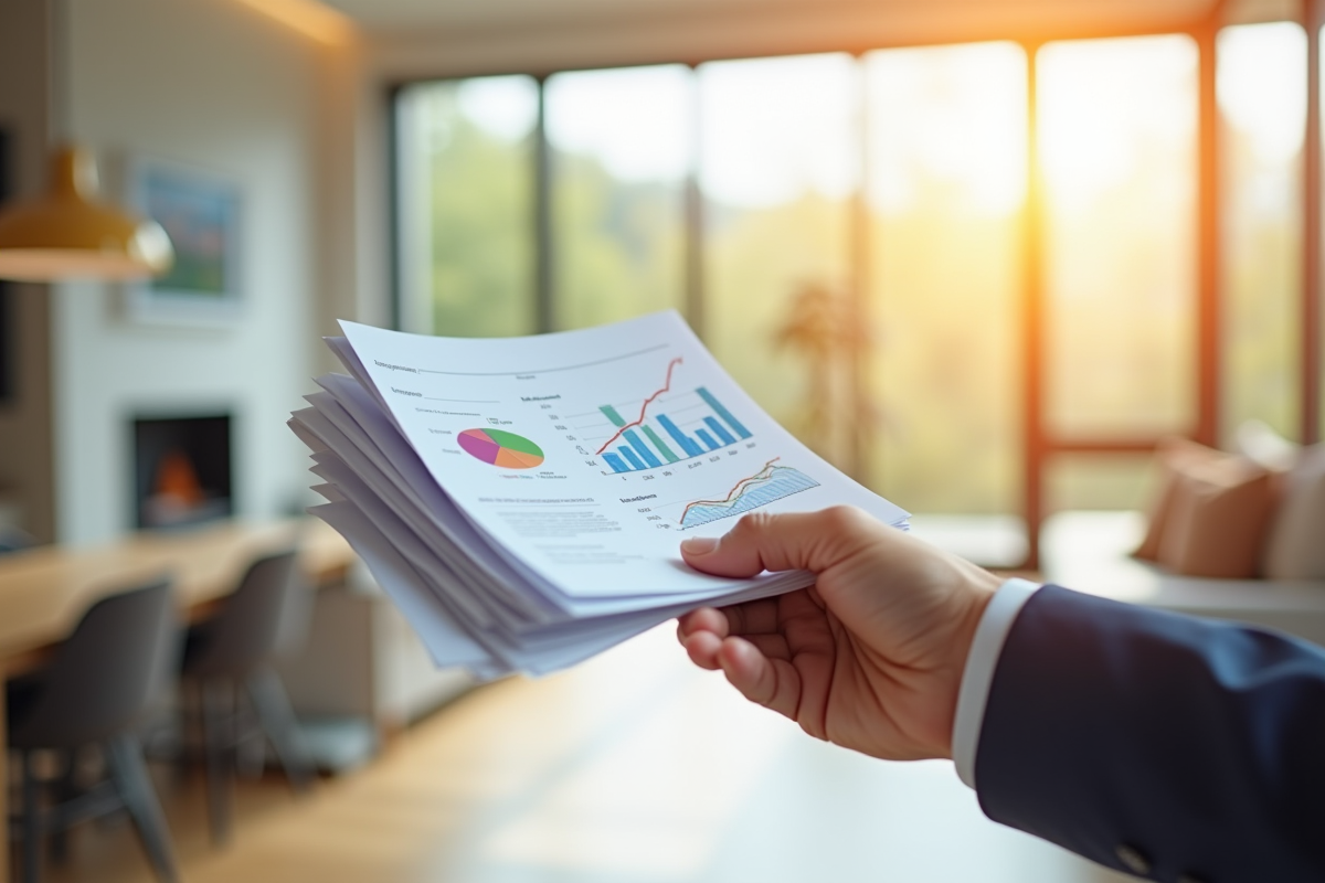 Main tenant un tas de documents de pret immobilier avec graphiques