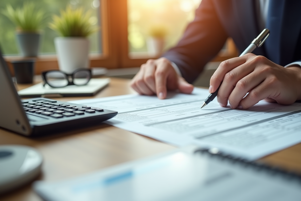 Mains remplissant une déclaration fiscale avec facture de toiture et calculatrice