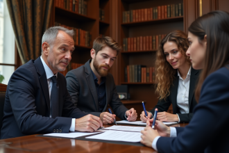 Notaire français avec couple dans un bureau parisien