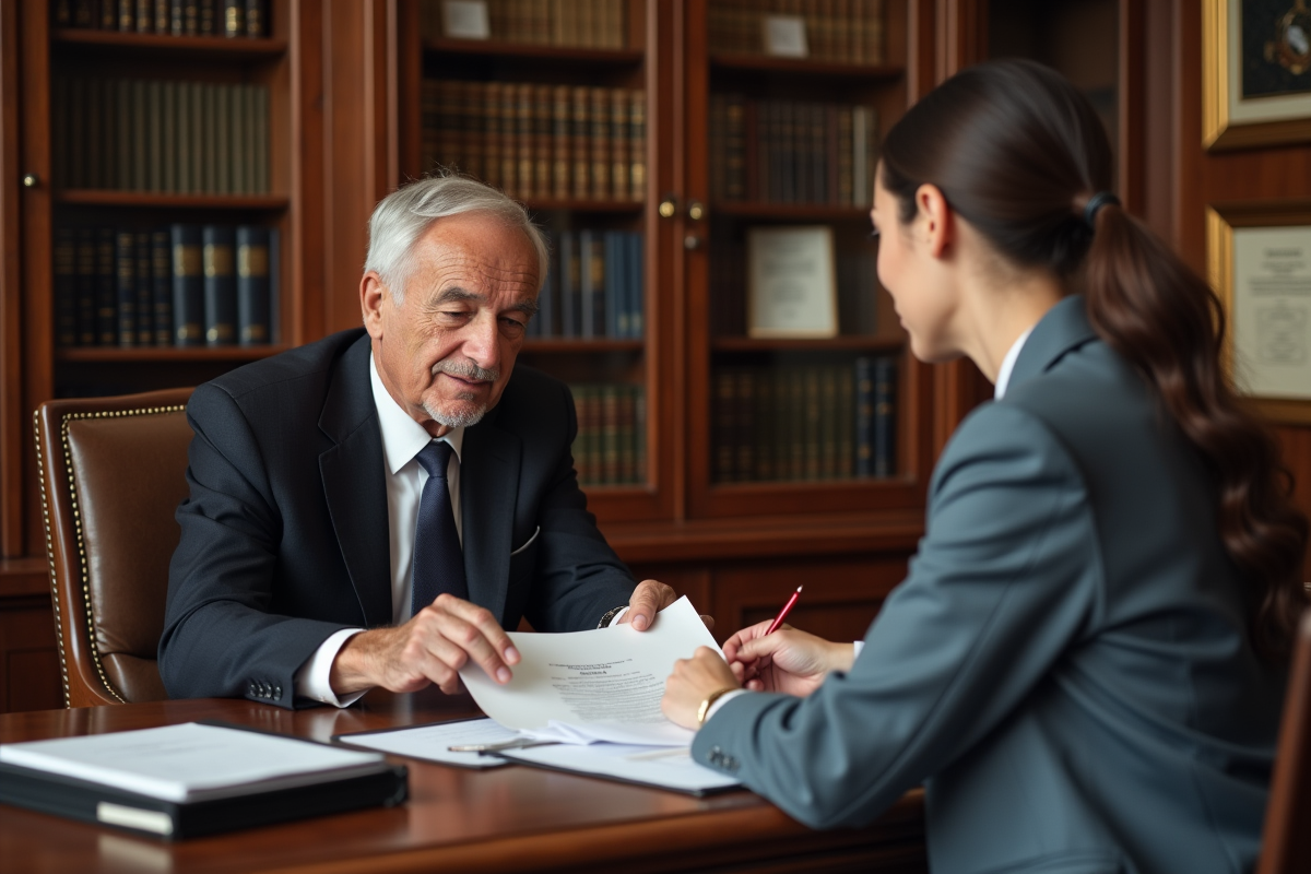 Notaire en costume remettant un document à une jeune femme attentive