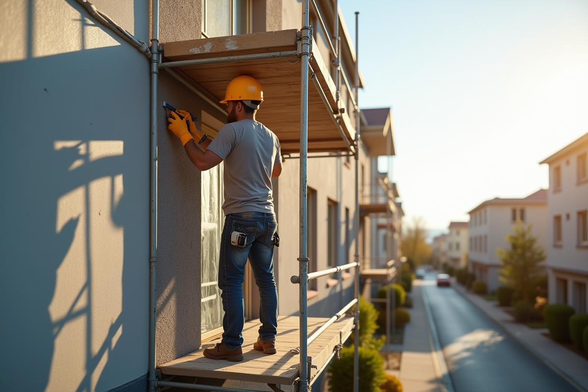 Ouvriers repeignant la facade d un immeuble en plein jour en sécurité