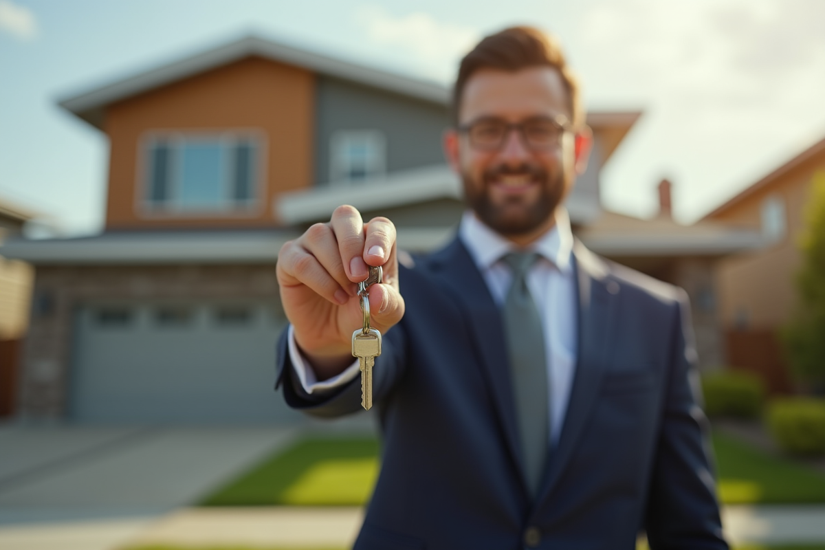 Personne élégante tenant des clés devant une maison moderne