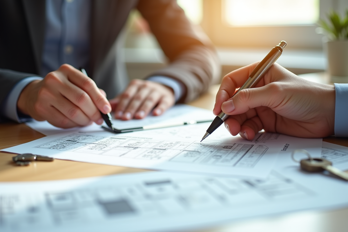 Personne examinant un contrat immobilier avec plans et clés