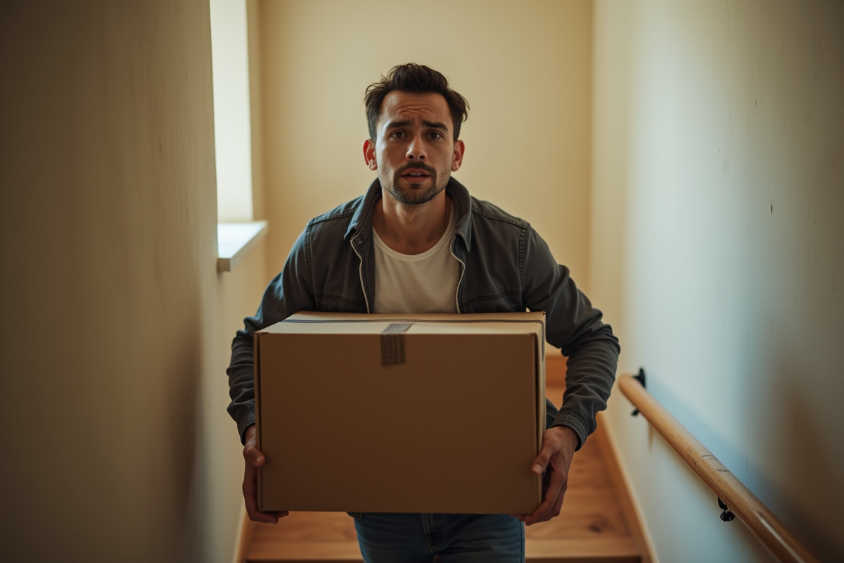 Personne portant une boîte lourde dans un escalier d