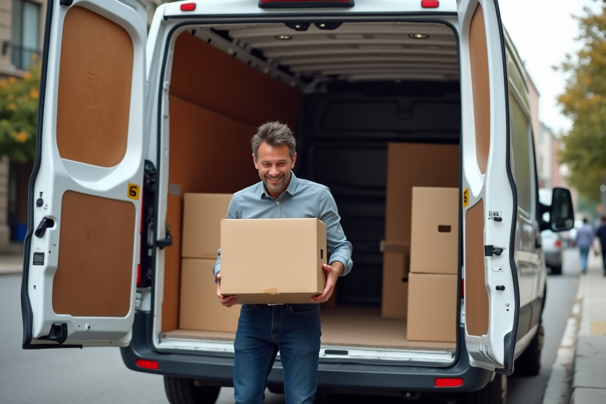 Adulte scotchant un carton dans une camionnette de déménagement