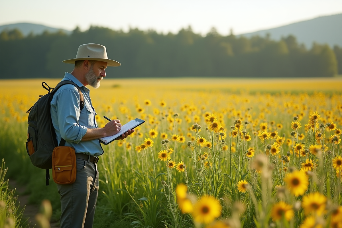 Personne en extérieur inspectant un grand champ vert avec des fleurs sauvages