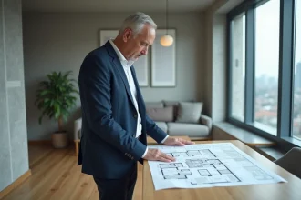 Homme d'affaires examinant des plans dans un appartement moderne