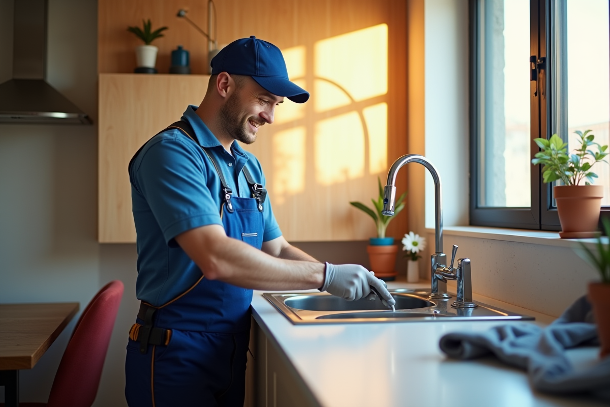 Plombier professionnel travaillant sous un évier de cuisine lumineux