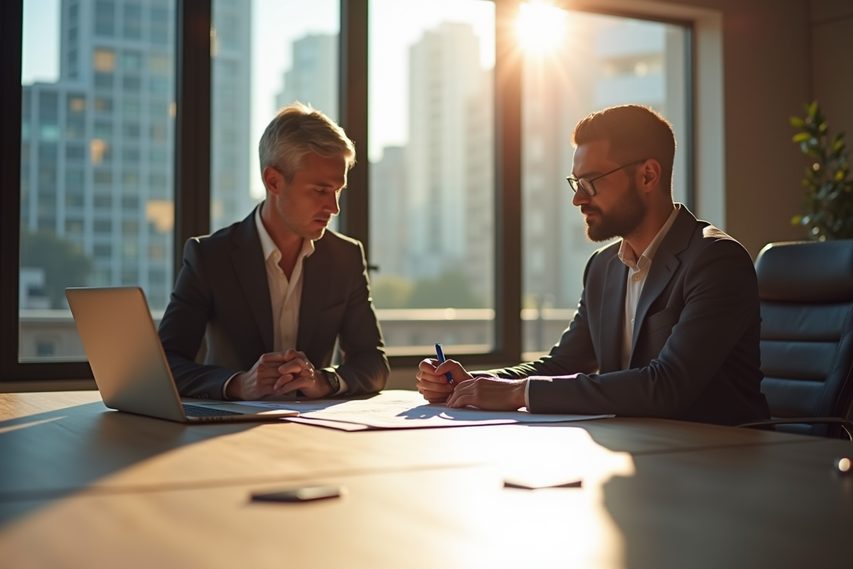 Deux professionnels examinant un contrat dans un bureau lumineux