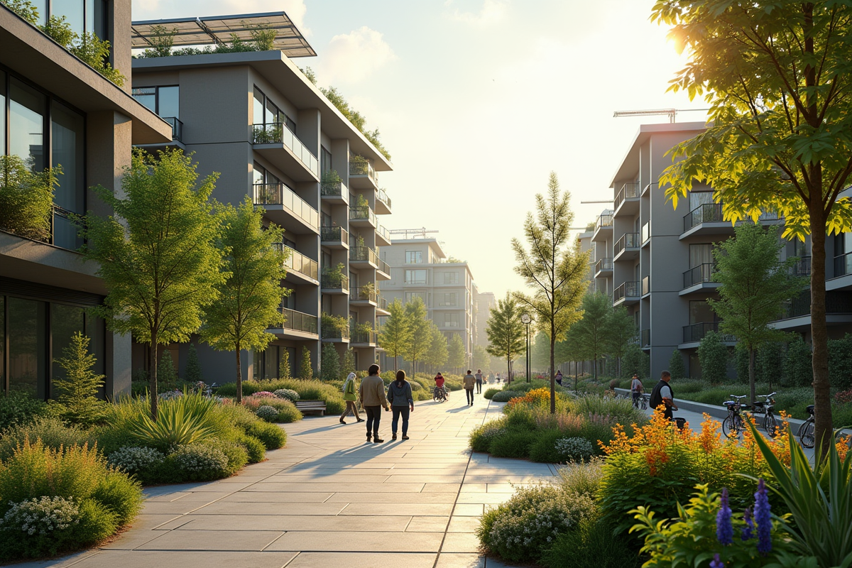 Rue animée avec immeubles verts et jardins partages