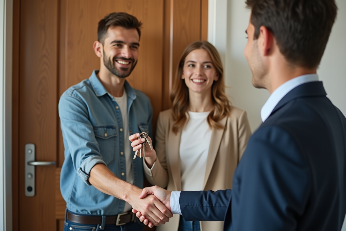 Jeune couple recevant les clés de l appartement avec un agent
